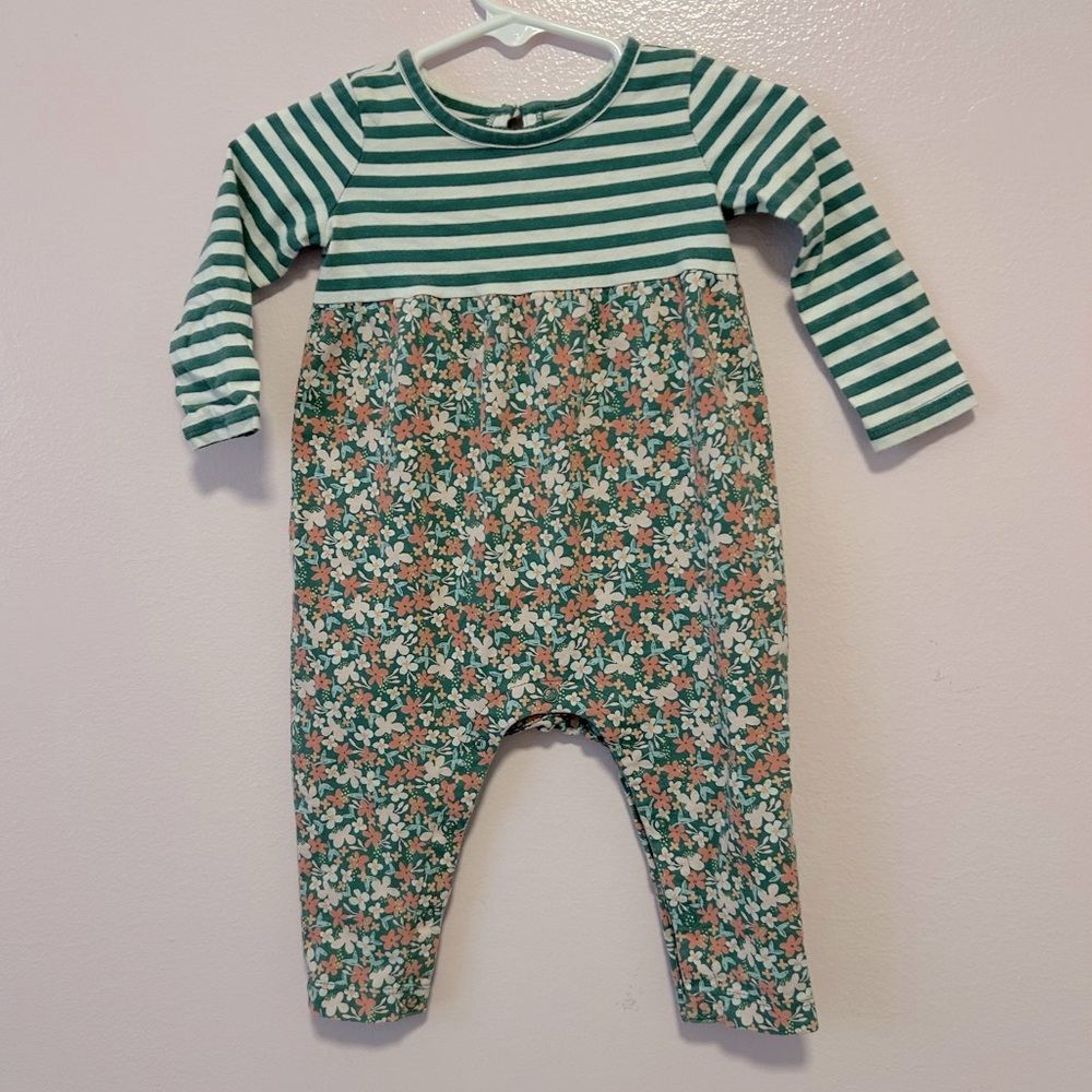 Tea Collection Green Striped & Floral Baby Jumpsuit Sz 6-9 Mo
